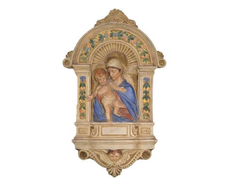 Early 20th century moulded terracotta plaque by Batignani, Italy, painted and gilded with the Madonna and Child within archit