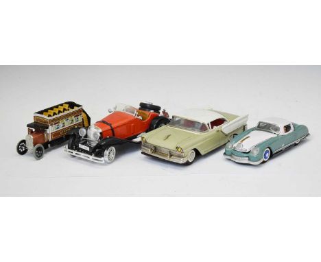 Vintage Chinese tinplate car in turquoise and white, together with a foreign-made tinplate Ford, Burago Mercedes-Benz, and cl