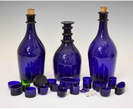 Pair of 'Bristol Blue' glass decanters, of mallet form each with silver plate capped cork stoppers, together with a 19th cent