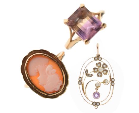 Ametrine 9ct gold ring, the rectangular stone 9mm x 11mm, size O; together with a shell cameo 9ct gold ring (a/f), and an ear