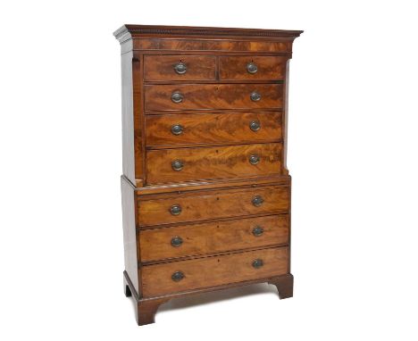 Late George III mahogany tallboy or chest on chest, the upper stage with cornice over two short and three long drawers, the l
