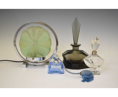 Art Deco style smoked grey glass perfume or scent bottle of waisted form with tall prism cut stopper, a clear glass example o