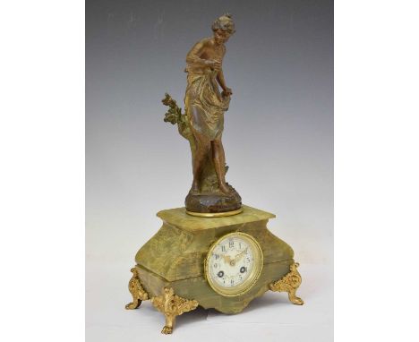 Early 20th century spelter and green onyx mantel clock, the cream Arabic dial (a/f) with floral swag decoration, the two-trai