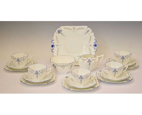 Shelley Art Deco part tea service, printed and painted in the 'Blue Iris' pattern, pattern no. 19511, comprising five cups an