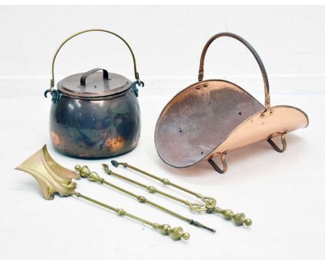 Assorted metalwork, comprising: copper cooking pot with swing handle, a basket of simple 'trug' design, and a matched three p