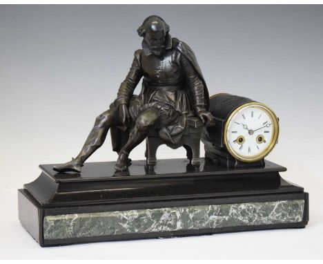 19th century French bronzed spelter, black slate and verde antico marble figural mantel clock, modelled as William Shakespear