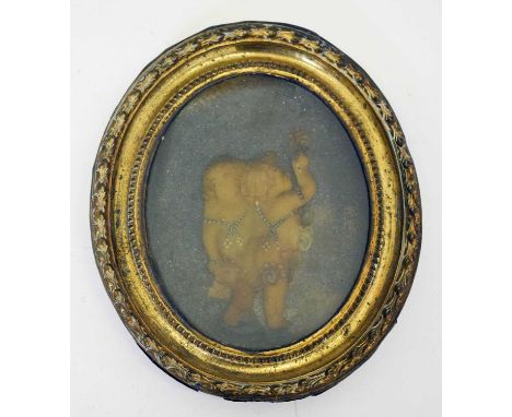 Mid 18th century wax relief picture depicting two cherubs or amorini picking flowers, 12.5cm x 10cm, in oval gilt frame under