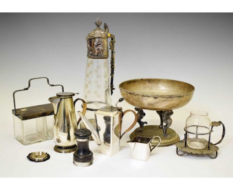Collection of silver plated items to include an Elkington &amp; Co claret jug, 35cm high, silver plated pedestal bowl, Hukin 