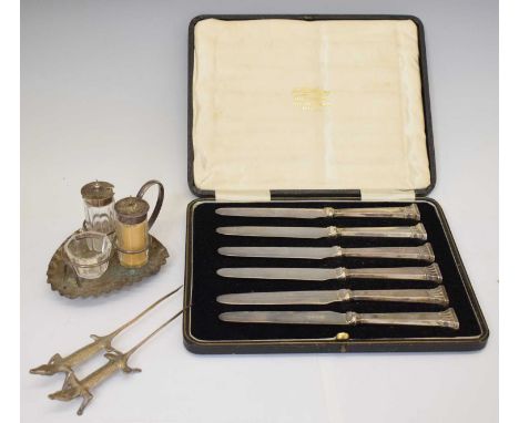 Edwardian cruet stand, of crimped foliate design housing silver mounted clear glass mustard pot and pepperette plus glass ope