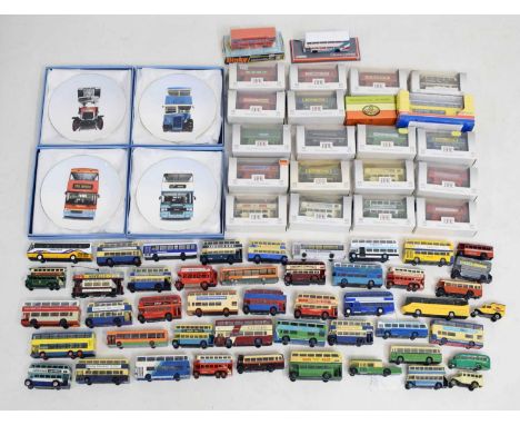 Collection of boxed model buses including 'Exclusive First Editions' EFE, and Dinky Toys '291 Atlantean City Bus', together w