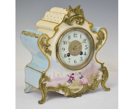 Early 20th century French porcelain and gilt metal mounted mantel clock, the off-white dial with black Arabic hour markers, g