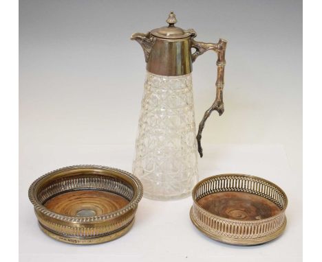 20th century silver plated claret jug, 26cm high, together with two wine coasters (3)