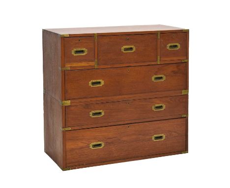 Victorian brass bound teak military or 'Campaign' chest, in two sections, the upper with brass corners and strapwork over thr