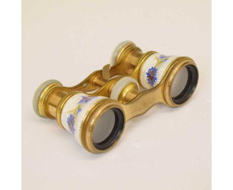 Pair of early 20th century brass opera glasses, with mother-of-pearl eye cups, and silvered guilloche enamel bodies with blue
