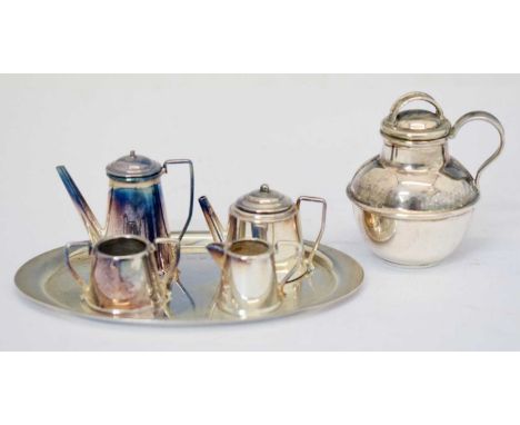 Elizabeth II silver miniature four-piece tea set and tray, Birmingham 1972/73, together with an Elizabeth II silver Jersey ju