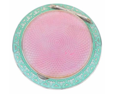 Early 20th century Austro-Hungarian silver circular compact, having pink and green guilloche enamel decoration, stamped 'ster