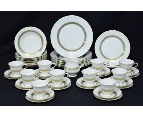 Wedgwood 'Argyll' pattern part dinner and tea service for ten place settings, comprising cups and saucers, bowls, tea plates,