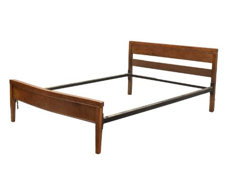 Early 20th century oak double bed frame, the side rails stamped VONO, 203cm x 37cm x 78cm high overall