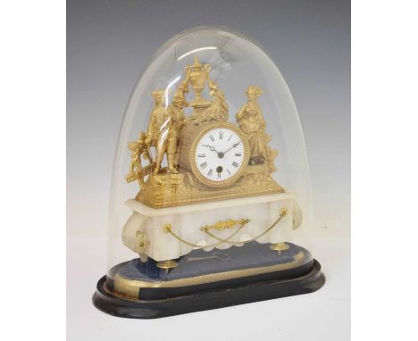 Late 19th century French alabaster and gilt spelter mantel clock, the white enamel Roman dial with Breguet-style hands, unsig
