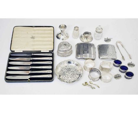Collection of silver items to include a Victorian silver pin dish, Birmingham 1891, two silver cigarette cases, four silver n