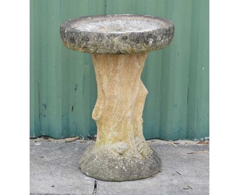 Composition stone garden birdbath, the pedestal in the form of a tree trunk, 42cm diameter x 57cm high