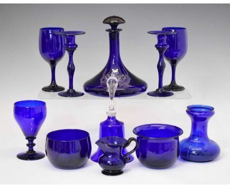 Mixed group of modern Bristol Blue glass, to include ship's decanter with Bristol Civic Arms, pair of candlesticks, bowls and