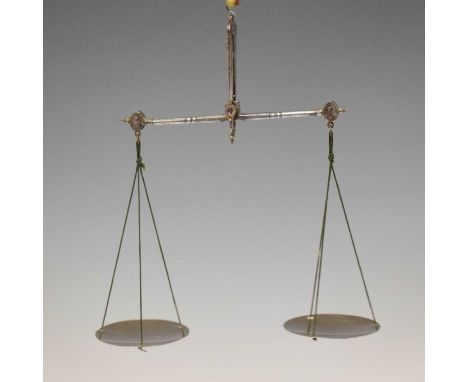 Pair of William IV apothecary scales in silver and polished steel, the steelbeam with oval terminals, supporting two silver p