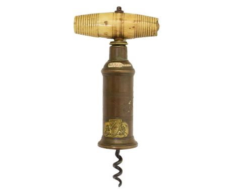 Early 19th century Dowler patent corkscrew, the turned bone handle, over two-draw helical thread, the ring-incised barrel wit