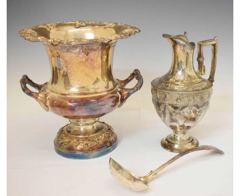20th century silver plated ice bucket or wine cooler of campana baluster form with pair of cast scroll handles vine borders a