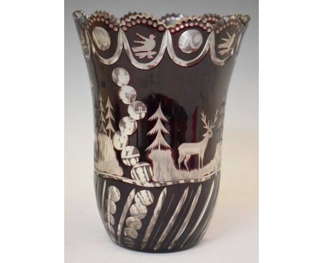 Large Bohemian style engraved ruby flashed glass vase, 20th century, of tulip form with serrated rim over cut panels of birds