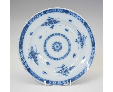 Late 18th century Delft or delftware plate, decorated in blue with floral sprigs, scattered leaves, and segmented border, unm