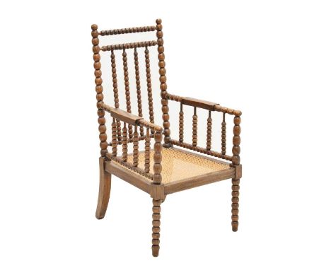 19th century oak bobbin turned armchair with caned seat, 45cm (seats widest point) x 104cm high