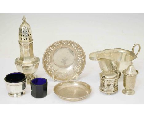 George V silver sauceboat, Birmingham 1930, an Edward VII silver sugar caster, Birmingham 1905, silver mustard pot with blue 