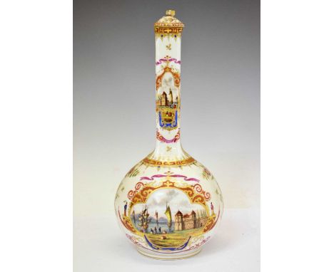 Early 20th century Dresden porcelain bottle vase and cover, ovoid with square section attenuated neck, painted and gilded in 
