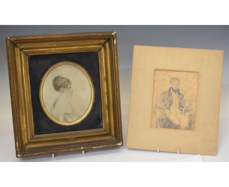 19th century oval watercolour portrait of a lady, 16cm high, unsigned, framed under glass, together with a pencil study of a 