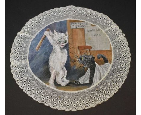 After Louis Wain - Lace doily with painted centre of 'Hamlet Castle' depicting two cats fighting at rehearsals, 21cm diameter