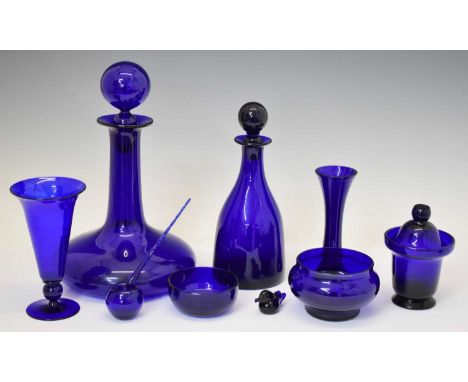 Group of modern Bristol Blue glass, to include mallet form decanter, ship's type decanter, flared footed vase, etc., 31.5cm h