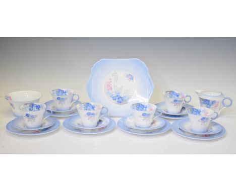 Shelley Art Deco part tea service, printed and painted in the Blue 'Phlox' pattern, pattern no. W12189, comprising six cups a