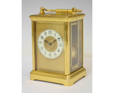 Early 20th century gilt metal cased carriage clock, the off-white chapter ring Roman dial with blued steel hands, two-train m