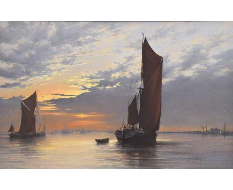 Christine Slade (British, b.1943) - Pastel - 'Thames Barges, East Anglia', signed lower right, 32cm x 51cm, in gilt frame und