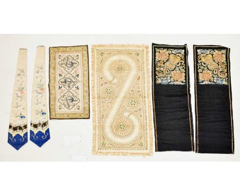 Small collection of Chinese silk panels, to include a pair decorated with fans, flowers and butterflies on black silk, 27cm w