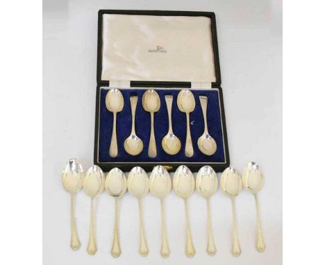 Cased set of six Elizabeth II silver Old English pattern teaspoons, sponsor's mark of Walker and Hall, Sheffield 1955, togeth