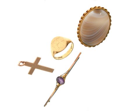 Small group of jewellery comprising a 9ct gold signet ring, size O, 3.6g, a yellow metal cross pendant, indistinctly stamped,