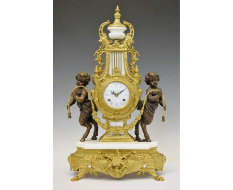 Imperial - Reproduction marble and gilt brass mantel clock, with signed convex white Roman dial, Franz Hermle two-train movem