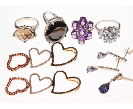 Small group of costume jewellery including two multi-coloured gem-set heart-shaped silver pendants, an amethyst silver dress 