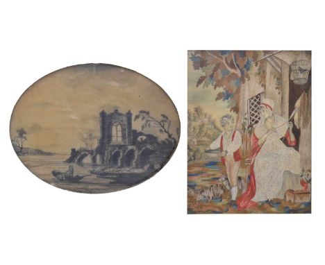 Large Georgian silkwork picture depicting two figures at a cottage doorway, a lady winding yarn beneath caged bird, and a boy