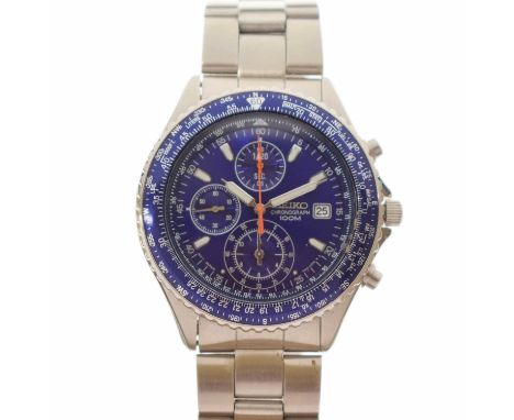 Seiko - Chronograph stainless steel bracelet watch, the metalic blue dial with luminous baton hour markers, three subsidiary 