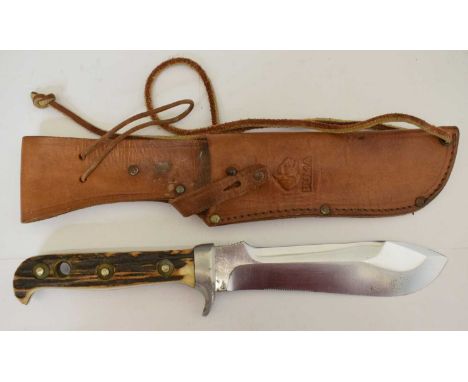 Puma ' White Hunter ' stag horn handled hunting knife with Pumaster steel blade, Germany, numbered '6377', in its leather she