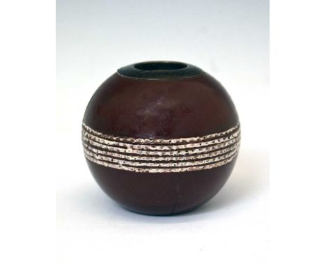 Late Victorian Doulton Lambeth novelty match pot in the form of a cricket ball, with raised seam to strike matches, the silve