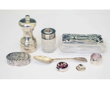 Mixed group of silver to include: an Elizabeth II silver mounted pepper mill, Birmingham 1997; a silver topped glass dressing